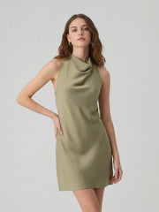Sleek Bias-Cut Satin Halterneck Mini Dress