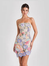 3D Floral Applique Strapless Mesh Mini Dress