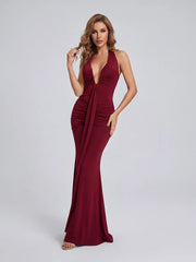 Backless sleeveless V-neck pleated maxi dress
