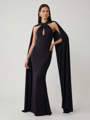 Twist Halter-Neck Cape Maxi Dress