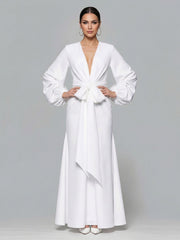 Classy V-Neck Balloon Sleeve Crepe Gown