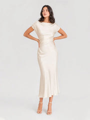 Cowl Back Satin Ruched Midi Dress