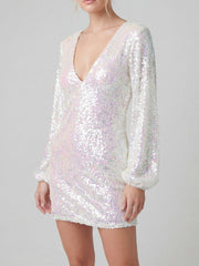 Dazzling Puff-Sleeve V-Neck Sequin Mini Dress