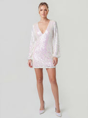 Dazzling Puff-Sleeve V-Neck Sequin Mini Dress