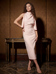 Draped-Front High-Neck Midi Dress