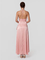 Draped Satin Halterneck Gown with Asymmetric Hem