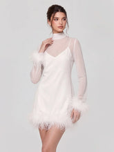 Feather Trimmed Satin Mini Dress with Mesh Overlay