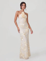 Flower Halter Embroidery Maxi Dress
