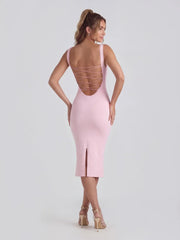 Lace trimmed backless midi dress