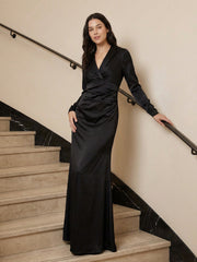 Long Sleeve Taffeta Tuxedo Gown In Black