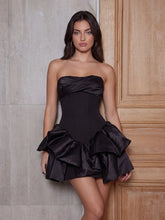 Lustrous Draped Bustier Tiered Ruffle Mini Dress