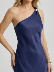 One-Shoulder Hardware Satin Midi Slip Dress