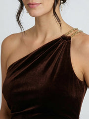 One Shoulder Draped Velvet Gown With Chain Accent