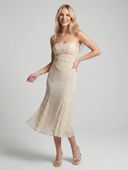 Polka Dot Mesh Ruched Bustier Midi Dress