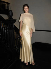 Romantic Drape Asymmetric Cape Satin Maxi Dress