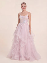 Enchanting Hand-Beaded Gown with Layered Tulle Skirt