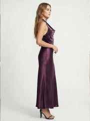 Silken Shadow Velvet & Satin Halter-Neck Maxi Dress