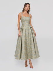 Square Neckline Floral Jacquard Midi Dress