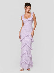 Tiered Ruffle Hem Jacquard Maxi Dress