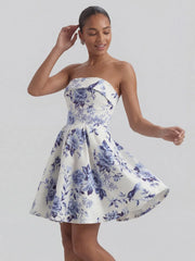 Toile de Jouy Blue and White Floral Bandeau Mini Dress