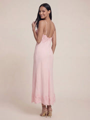 V-Neck Lace Detailed Satin Maxi Dress