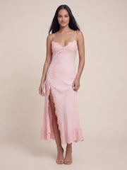 V-Neck Lace Detailed Satin Maxi Dress
