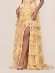 Floral Chiffon Bandeau Prom Gown