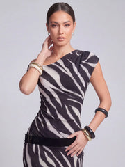 Zebra Printed Mesh Asym Neck Maxi Dress