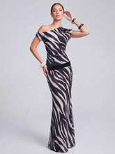 Zebra Printed Mesh Asym Neck Maxi Dress