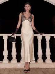 Elegant Lace-Paneled Satin Midi Dress