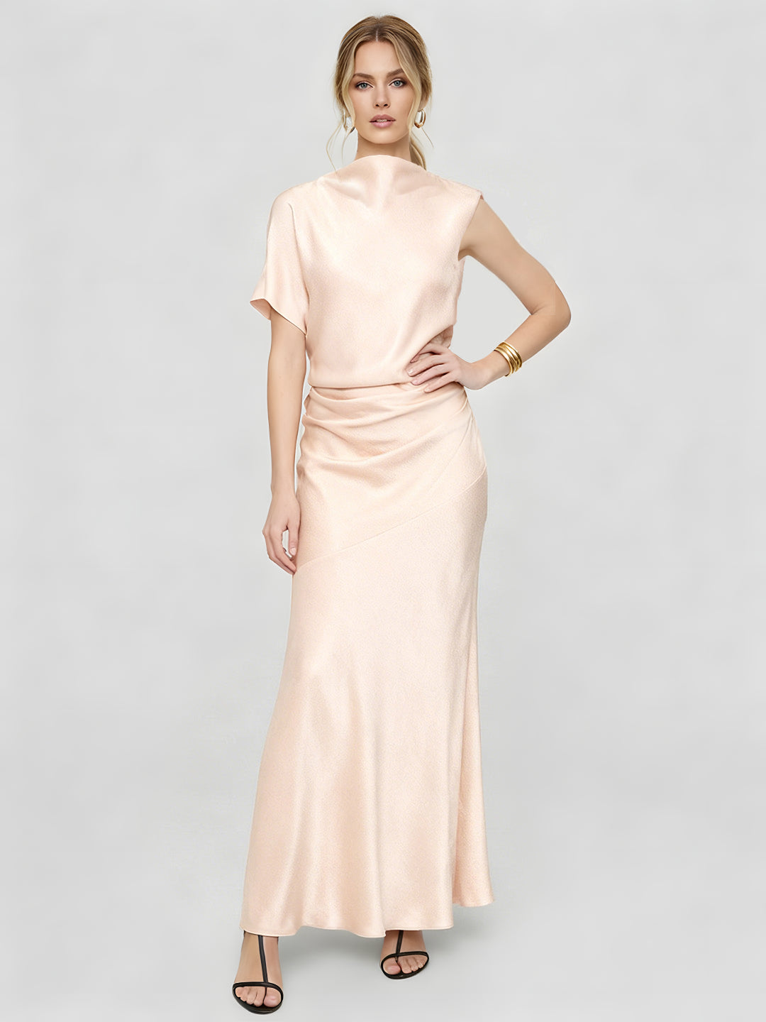 Asymmetrical Hammered Satin Draped Maxi Dress