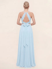 Deep V Front & Back Bow A-Line Chiffon Dress