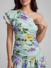 Asymmetric One Shoulder Ruched Bodycon Mini Dress
