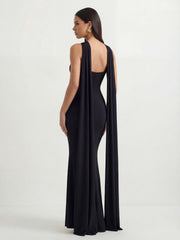 Twist Halter-Neck Cape Maxi Dress
