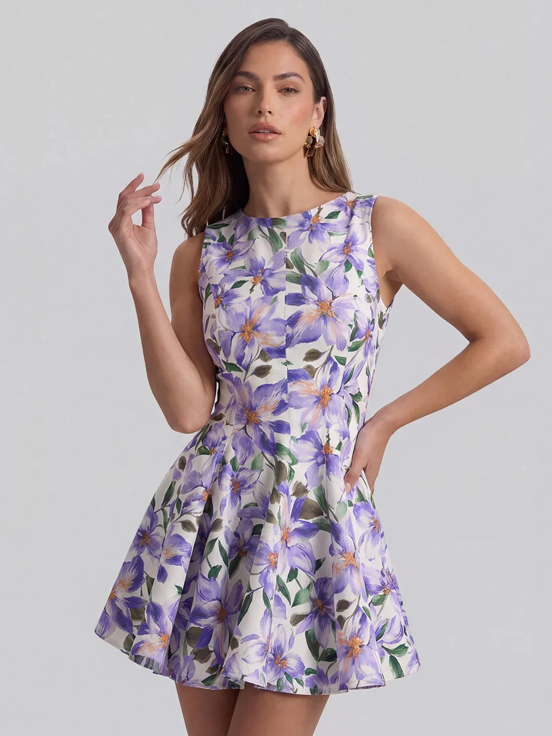 Boat-Neck Floral A-Line Fit & Flare Mini Dress