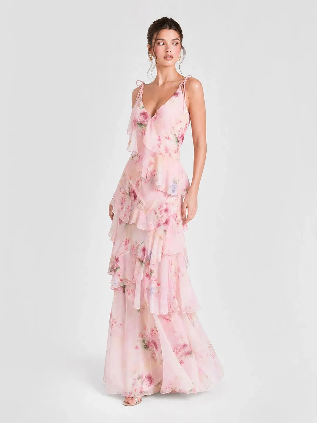 Boho Watercolor Floral Tiered Ruffle Maxi Dress