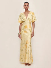 Floral Print Satin Plunge-Neck Maxi Dress