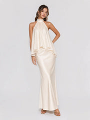 Halterneck Layered Ruffle Stain Maxi Dress