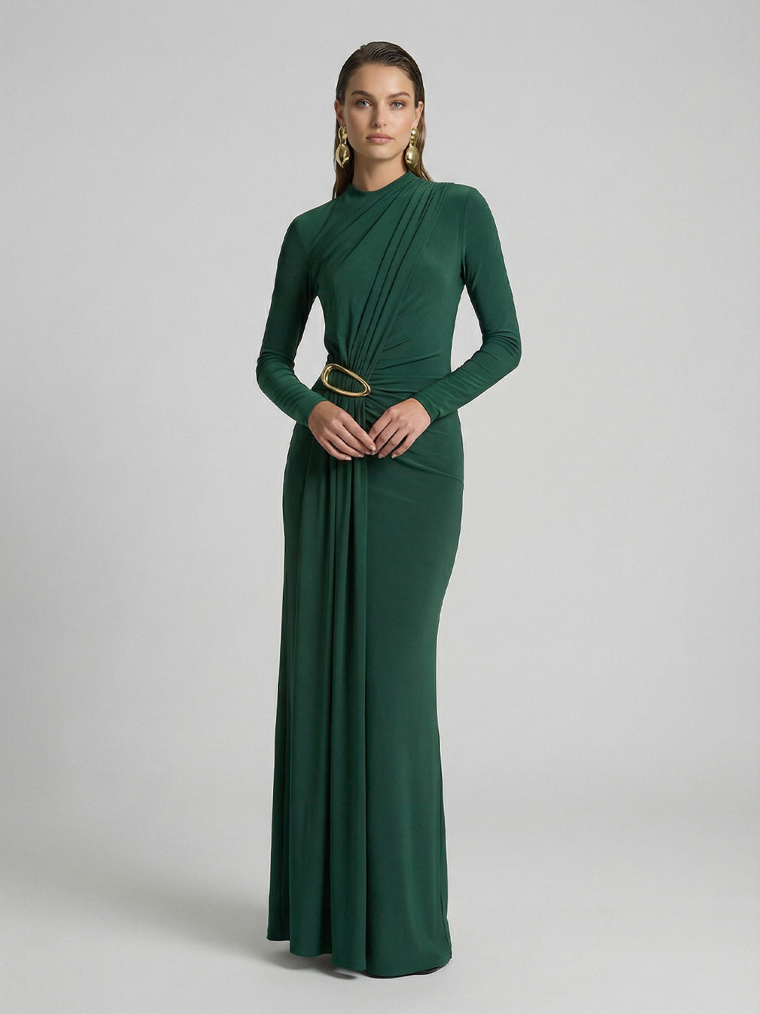 High-Neck Maxi Dress With Gathered-Detail