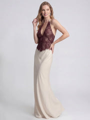 Lace Patchwork Stain Halter Maxi Dress