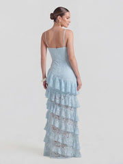 Lace Plunge-Neck Maxi Dress With Ruffled Detailing