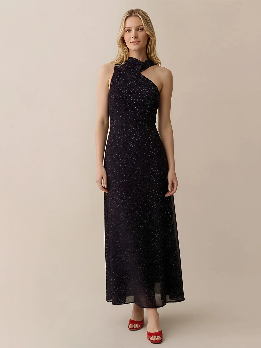 One-Shoulder Dress with Attached Scarf in Polka Dot Chiffon