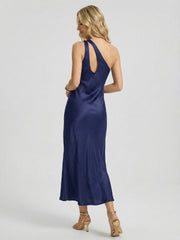 One-Shoulder Hardware Satin Midi Slip Dress