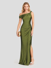 One Shoulder Asymmetric Ruched Satin Maxi Dress