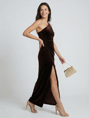 One Shoulder Draped Velvet Gown With Chain Accent