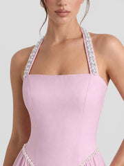 Pearl Straps Satin Halter Maxi Dress