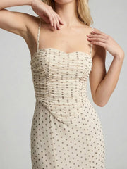 Polka Dot Mesh Ruched Bustier Midi Dress