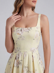 Retro Floral Bouquet Print Square Neck Midi Dress