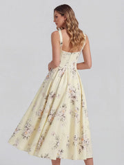 Retro Floral Bouquet Print Square Neck Midi Dress