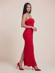 Ruched Corset Bandeau Mesh Maxi Dress